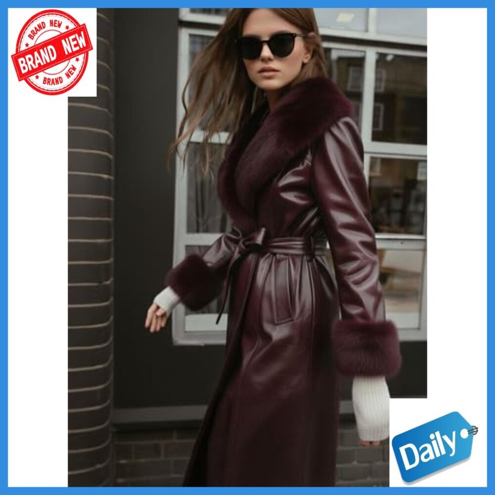 Leather Coat with Faux Fur Trim, Belted Long Overcoat, Slim Fit - Picture 2 of 7